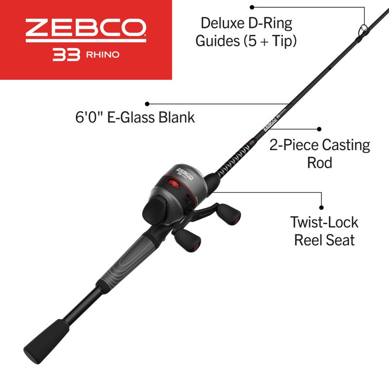 Zebco(ZR33602MA.NS3) 33 Rhino Spincast Reel and 2-Piece Fishing Rod Combo,Durable E-Glass Rod with ComfortGrip Hand,Gray/Black - Image 2